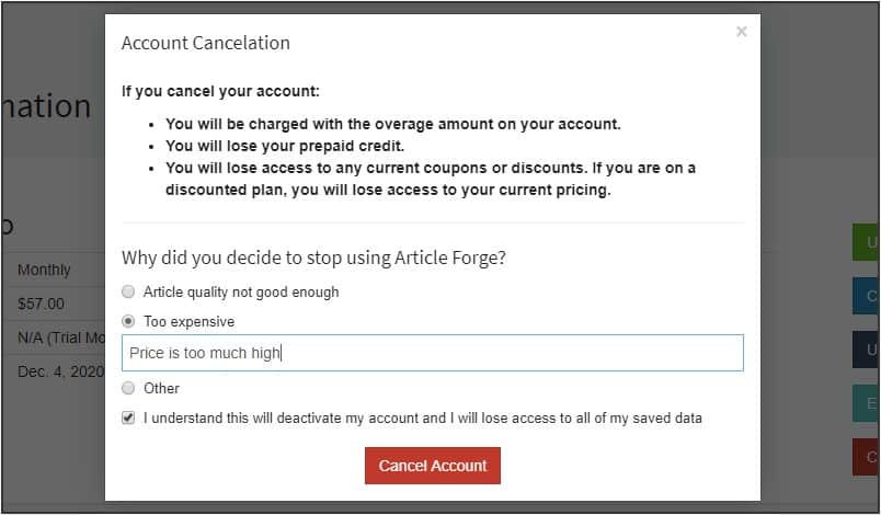 Article Forge Cancel account