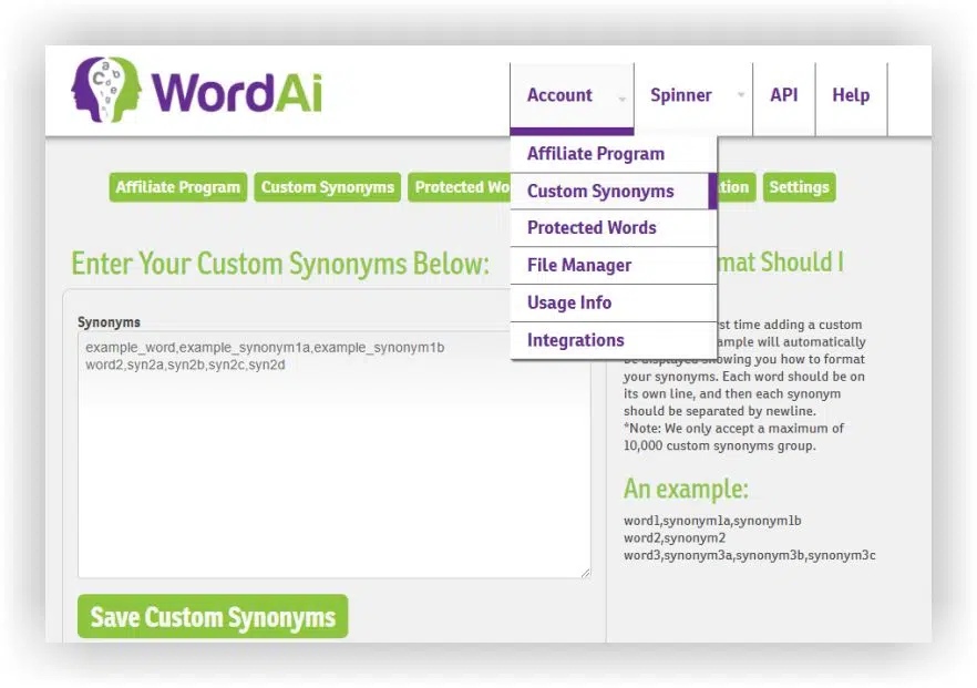 WordAi Custom Synonyms